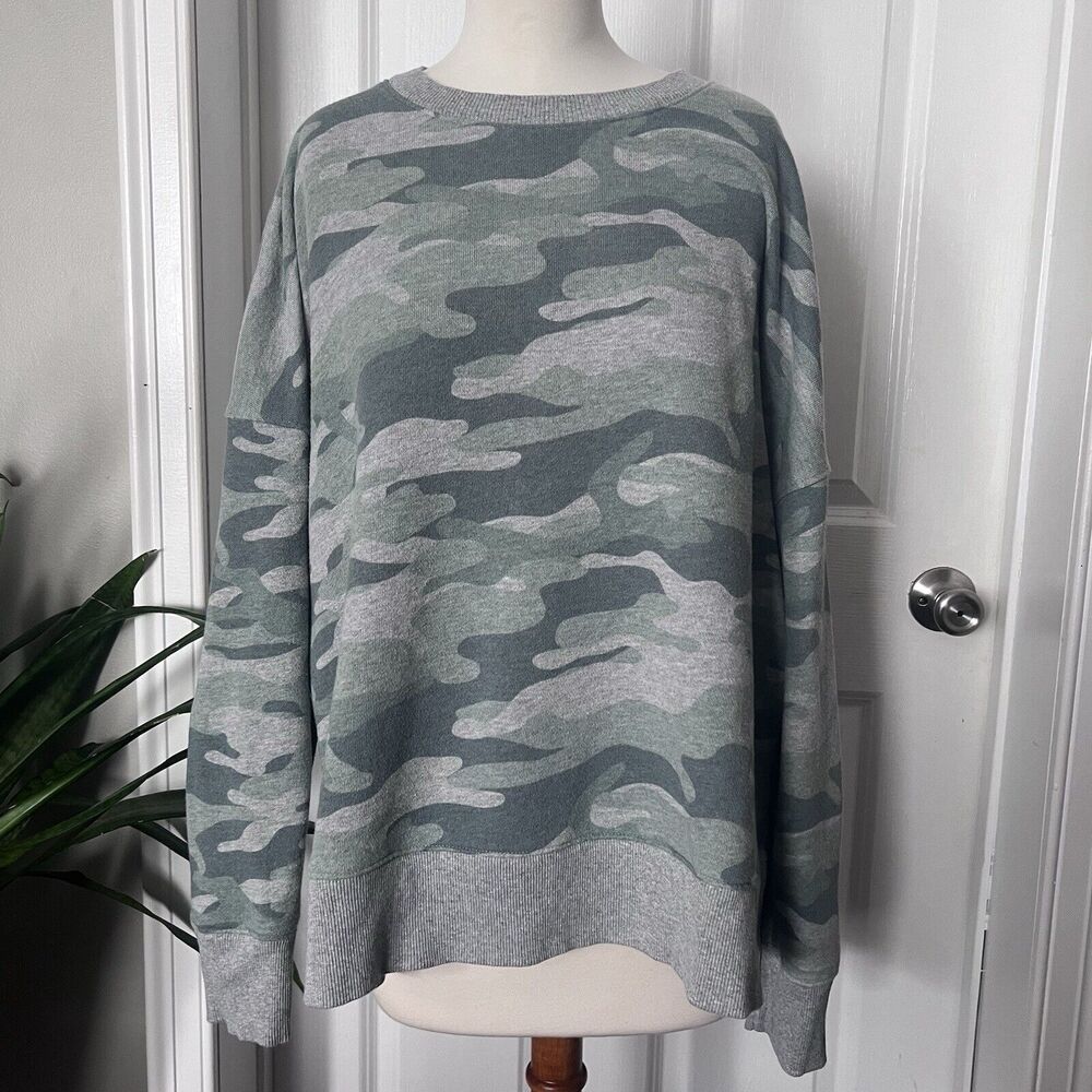 Camo Sweatshirt Women's XXL Time and Tru Split Sides Cotton Blend Green Gray